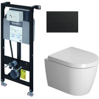 Zestaw Duravit DuraSystem stelaż podtynkowy z przyciskiem spłukującym czarny mat i miską WC Rimless HygieneGlaze ME Be Starck z deską wolnoopadającą (WD1011000000, WD5001031000, 2530092000, 0020190000)