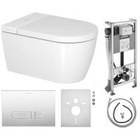 Zestaw Duravit SensoWash Strack F Lite Compact miska WC Rimless wisząca z deską sedesową myjącą i stelaż podtynkowy z przyciskiem WD7011007000