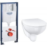 Zestaw Grohe Solido stelaż podtynkowy WC z przyciskiem Even chrom i miska WC Bau Ceramic Bundle wiszącą z deską wolnoopadającą (39930000, 39899000)