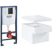 Zestaw Grohe Solido stelaż podtynkowy WC z przyciskiem Even czarny mat i miska WC Cube Ceramic wisząca PureGuard z deską wolnoopadającą (38811KF0, 3924500H, 39488000)