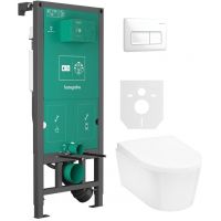 Zestaw Hansgrohe EluPura S miska WC z deską wolnoopadającą wisząca biała i stelaż z przyciskiem białym (01022180, 66001700, 60193450, 60148450)