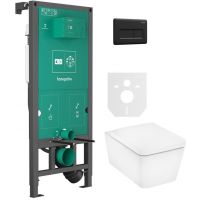 Zestaw Hansgrohe EluPura Q miska WC z deską wolnoopadającą wisząca biała i stelaż z przyciskiem czarny (01022180, 66001670, 60293450)