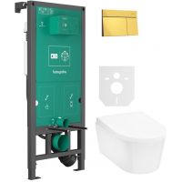 Zestaw Hansgrohe EluPura S miska WC z deską wolnoopadającą wisząca biała i stelaż z przyciskiem złotym (01022180, 66003990, 60343450, 60148450)