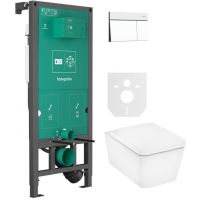 Zestaw Hansgrohe EluPura Q miska WC z deską wolnoopadającą wisząca biała i stelaż z przyciskiem białym (01022180, 66003700, 60293450)