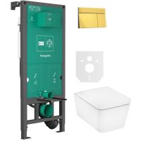 Zestaw Hansgrohe EluPura Q miska WC z deską wolnoopadającą wisząca biała i stelaż z przyciskiem złotym (01022180, 66003990, 60293450)