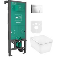 Zestaw Hansgrohe EluPura Q miska WC z deską wolnoopadającą wisząca biała i stelaż z przyciskiem chrom połyk (01022180, 66003000, 60293450)