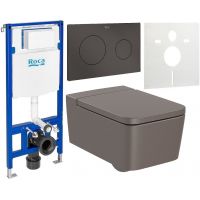 Zestaw Roca Inspira Square miska WC wisząca Rimless z deską sedesową wolnoopadającą i stelaż podtynkowy Duplo One z przyciskiem spłukującym PL10 cafe mat (A346537660, A80153266B, A890070020, A89018920M, A890063000)