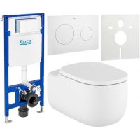 Zestaw Roca Beyond miska WC wisząca Rimless z deską sedesową wolnoopadającą i stelaż podtynkowy Duplo One z przyciskiem spłukującym PL10 biały mat (A3460B7620, A801B8262B, A890070020, A890189207, A890063000)