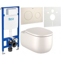 Zestaw Roca Beyond miska WC wisząca Rimless z deską sedesową wolnoopadającą i stelaż podtynkowy Duplo One z przyciskiem spłukującym PL10 beżowy mat (A3460B7650, A801B8265B, A890070020, A89018920B, A890063000)