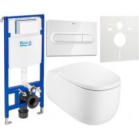 Zestaw Roca Beyond miska WC wisząca Supraglaze z deską sedesową wolnoopadającą i stelaż podtynkowy Duplo One z przyciskiem spłukującym PL1 białym (A3460B7S00, A801B8200B, A890070020, A890195000, A890063000)