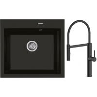 Zestaw Oltens Gravan zlewozmywak granitowy 1-komorowy 57x51,5 cm z baterią kuchenną Borga czarny mat (72000300, 35207300)