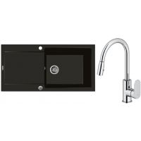 Zestaw Oltens Gravan zlewozmywak granitowy 1-komorowy 100x50 cm z baterią kuchenną Lista czarny mat/chrom (72101300, 35202100)