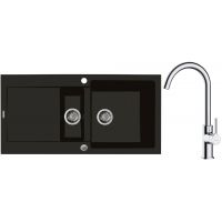 Zestaw Oltens Gravan zlewozmywak granitowy 1,5-komorowy 100x50 cm z baterią kuchenną Skafta czarny mat/chrom (72300300, 35206100)