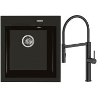 Zestaw Oltens Gravan zlewozmywak granitowy 1-komorowy 47x51,5 cm z baterią kuchenną Borga czarny mat (72001300, 35207300)