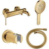 Zestaw Grohe Essence bateria wannowo-prysznicowa ścienna z zestawem prysznicowym złoty (33624GL1, 28362GL0, 26574GL0, 27074GL0)