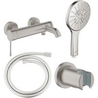Zestaw Grohe Essence bateria wannowo-prysznicowa ścienna z zestawem prysznicowym stal nierdzewna (33624DC1, 28362DC1, 26574DC0, 27074DC0)