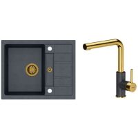 Zestaw Quadron Morgan 116 zlewozmywak granitowy z baterią kuchenną Angelina czarny metalik/złoty (HB8210U8G1, BW6003PVDBSG1U8)