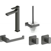 Zestaw Omnires Slide bateria umywalkowa wysoka ze szczotką toaletową, uchwytem na papier toaletowy i dwoma haczykami Nelson grafit (SL7712GR, NL80620GR, NL80510GR, NL80115GR, NL80115GR)