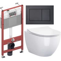 Zestaw Cersanit Zen miska WC Clean On z deską wolnoopadającą i stelaż podtynkowy Tece Base z przyciskiem spłukującym Now czarny mat (S701428, 9400407, 9240407)