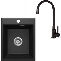 Zestaw Deante Eridan zlewozmywak granitowy z baterią kuchenną Neo Luno Nero grafit metalik połysk/czarny mat (ZQEG104, BOCN72M)