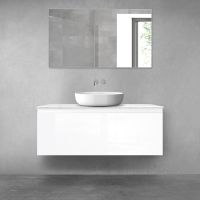 Zestaw Oltens Vernal szafka 120 cm podumywalkowa wisząca z blatem Tera biały połysk/jasny marmur 68713000