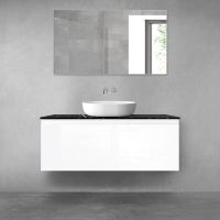 Zestaw Oltens Vernal szafka 120 cm podumywalkowa wisząca z blatem Tera biały połysk/czarny marmur 68721000