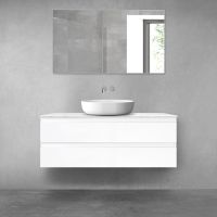 Zestaw Oltens Vernal szafka 120 cm podumywalkowa wisząca z blatem Tera biały połysk/jasny marmur 68728000