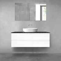 Zestaw Oltens Vernal szafka 120 cm podumywalkowa wisząca z blatem Tera biały połysk/czarny marmur 68729000