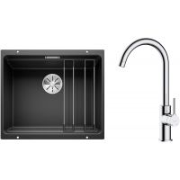 Zestaw Blanco Etagon 500-U zlewozmywak granitowy 53x46 cm z baterią kuchenną Oltens Skafta czarny mat/chrom (35206100, 525887)
