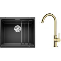Zestaw Blanco Etagon 500-U zlewozmywak granitowy 53x46 cm z baterią kuchenną Oltens Skafta czarny mat/złoty połysk (35206800, 525887)