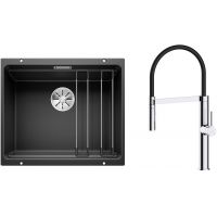Zestaw Blanco Etagon 500-U zlewozmywak granitowy 53x46 cm z baterią kuchenną Oltens Borga czarny mat/chrom (35207100, 525887)