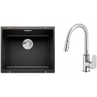 Zestaw Blanco Subline 500-U zlewozmywak granitowy 50x40 cm z baterią kuchenną Oltens Lista czarny mat/chrom (35202100, 525995)