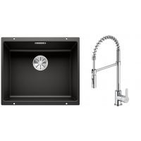 Zestaw Blanco Subline 500-U zlewozmywak granitowy 50x40 cm z baterią kuchenną Oltens Duf czarny mat/chrom (35203100, 525995)