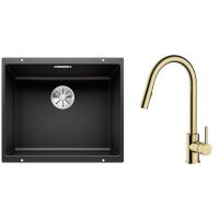 Zestaw Blanco Subline 500-U zlewozmywak granitowy 50x40 cm z baterią kuchenną Oltens Litla czarny mat/złoty połysk (35204800, 525995)