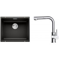Zestaw Blanco Subline 500-U zlewozmywak granitowy 50x40 cm z baterią kuchenną Oltens Myvat czarny mat/chrom (35205100, 525995)