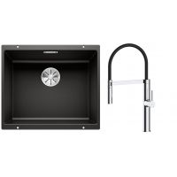 Zestaw Blanco Subline 500-U zlewozmywak granitowy 50x40 cm z baterią kuchenną Oltens Borga czarny mat/chrom (35207100, 525995)