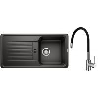Zestaw Blanco Favos 45 S zlewozmywak granitowy 86x43,5 cm czarny z baterią stojącą Hagser Emma chrom-czarna (526079, HGR30000035)