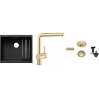 Zestaw Blanco Etagon 500-U zlewozmywak granitowy czarny z baterią kuchenną Linus i armaturą odpływowo-przelewową złotą (527754, 526683, 207423)