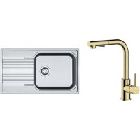 Zestaw Franke Smart SRL 611-86 XL zlewozmywak stalowy 86x50 cm z baterią kuchenną Oltens Myvat len/złoty połysk (1010368324, 35205800)