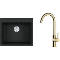 Zestaw Franke Maris MRG 610-54 FTL zlewozmywak 59x50 cm z baterią kuchenną Oltens Skafta czarny mat/złoty połysk (1140661794, 35206800)