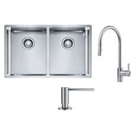 Zestaw Franke Box BXX 220/120 34-34 zlewozmywak stalowy 74x45 cm stal szczotkowana z baterią kuchenną Eos Neo i dozownikiem do płynów 350 ml (1270370188, 1150590045, 1120717084)