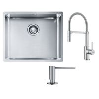 Zestaw Franke Box zlewozmywak stalowy 54x45 cm stal szlachetna z baterią kuchenną Smart Glenda Semi-Pro i dozownikiem do płynów 350 ml (1270453656, 1150747475, 1120717084)