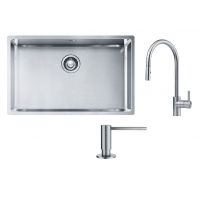 Zestaw Franke Box BXX 210/110-68 zlewozmywak stalowy 72,5x45 cm stal szczotkowana z baterią kuchenną Eos Neo i dozownikiem do płynów 350 ml (1270453658, 1150590045, 1120717084)