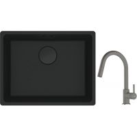 Franke Maris MRG 110-52 zlewozmywak 52x40 cm Fragranite czarny mat z baterią kuchenną Lina kamienny szary (1250697759, 1150626057)