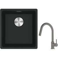 Franke Maris MRG 110-37 zlewozmywak 40x37 cm Fragranite czarny mat z baterią kuchenną Lina kamienny szary (1250687248, 1150626057)