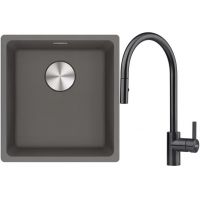 Franke Maris MRG 110-37 zlewozmywak 40x37 cm Fragranite kamienny szary z baterią kuchenną Eos czarna stal szlachetna (1250687250, 1150613671)