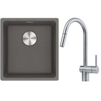 Franke Maris MRG 110-37 zlewozmywak 40x37 cm Fragranite kamienny szary z baterią kuchenną Leda Neo stal szlachetna (1250687250, 1150590047)