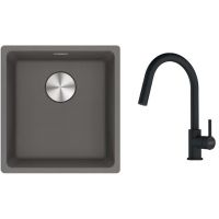 Franke Maris MRG 110-37 zlewozmywak 40x37 cm Fragranite kamienny szary z baterią kuchenną Lina czarny mat (1250687250, 1150626053)