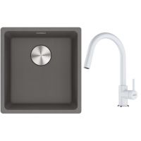 Franke Maris MRG 110-37 zlewozmywak 40x37 cm Fragranite kamienny szary z baterią kuchenną Lina biały polarny (1250687250, 1150626081)