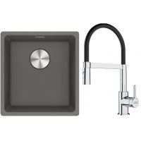 Franke Maris MRG 110-37 zlewozmywak 40x37 cm Fragranite kamienny szary z baterią kuchenną Lina chrom/czarny (1250687250, 1150626085)
